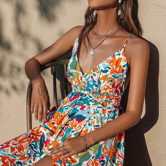 NWT Floral Wrapover Lace Up Cami Slit Midi Dress - Picture 4 of 4